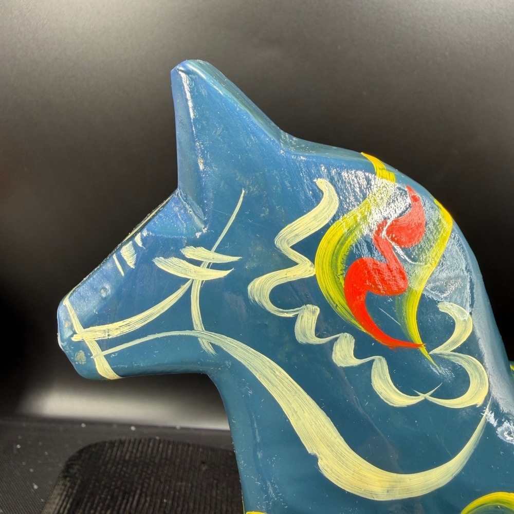 Vintage Akta Dalahemslojd Swedish Dala Horse Blue Hand Painted Wood Folk Art 7" - Picture 7 of 15